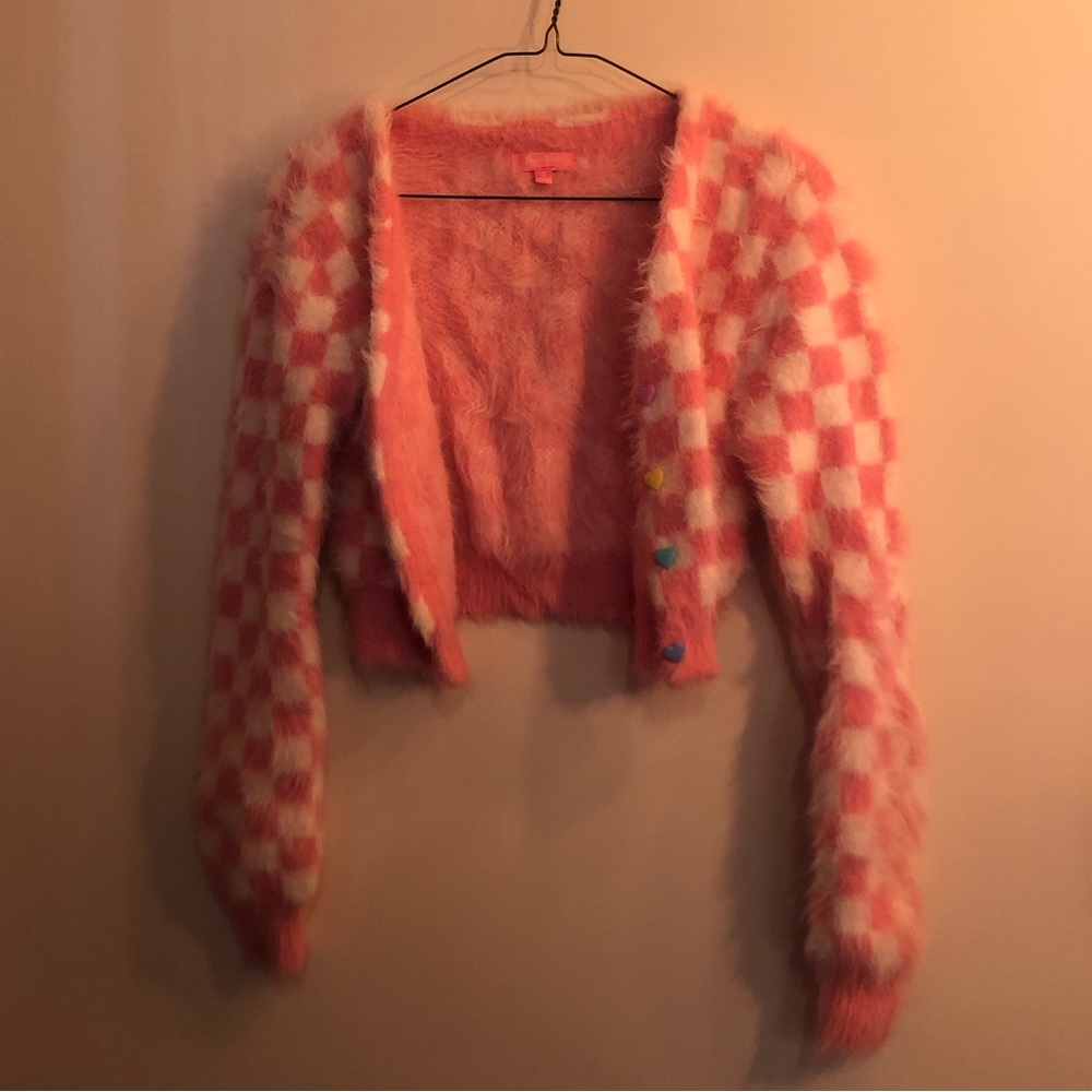 NWOT Dolls Kill Sugar Thrillz cropped pink and white checkered cardigan S 90’s